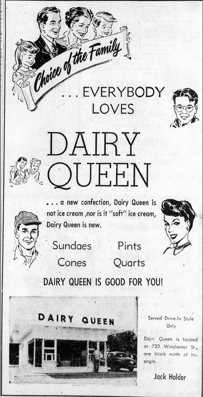 1948 newspaper ad with cartoon drawings of a family. Large headline: “Everybody loves Dairy Queen.” A photo of the small Dairy Queen drive-in building sits at the bottom, signed Jack Holder.