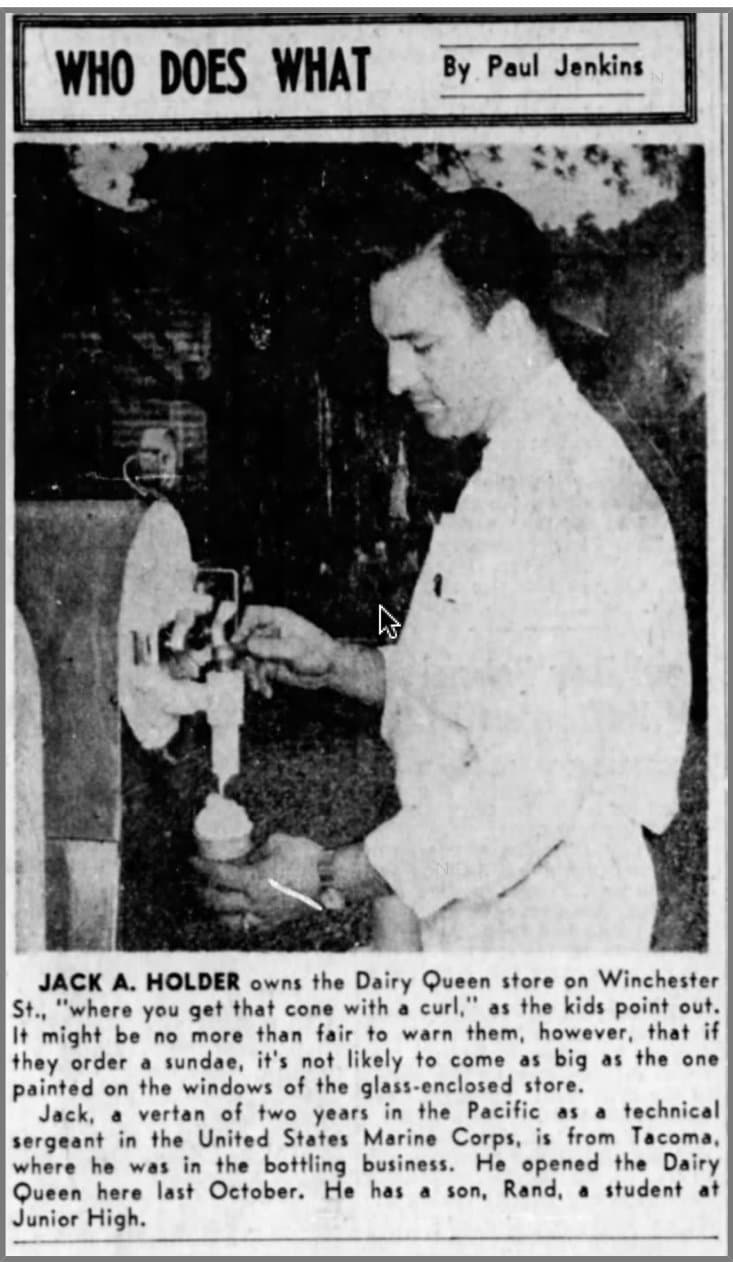 1949 newspaper column headed “Who Does What” by Paul Jenkins, with a photo of a young Jack Holder in a white shirt filling a cone at a soft-serve machine.