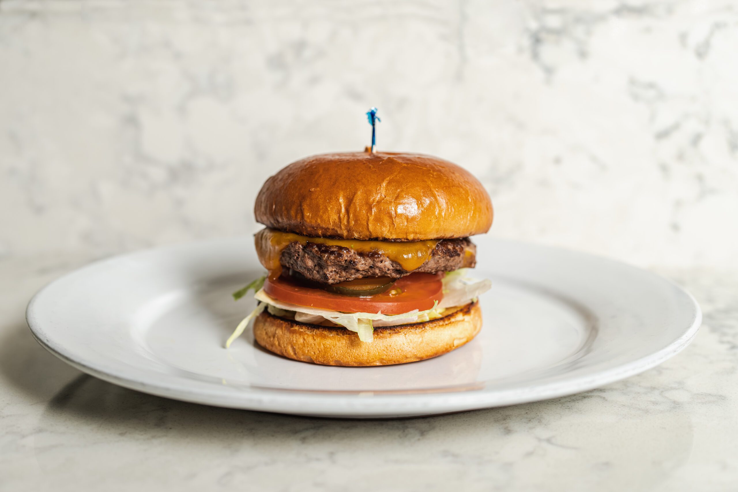 hamburger with toasted bun, lettuce, tomato and onion on a white plate.